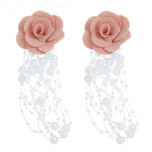 Cloth Flower Pearl Tassel Bohemian Fashion Graceful Women Costume Earrings - Pink