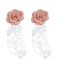 Cloth Flower Pearl Tassel Bohemian Fashion Graceful Women Costume Earrings - Pink