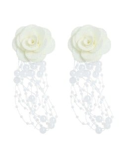 Cloth Flower Pearl Tassel Bohemian Fashion Graceful Women Costume Earrings - White