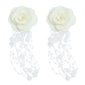 Cloth Flower Pearl Tassel Bohemian Fashion Graceful Women Costume Earrings - White