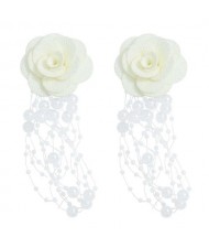 Cloth Flower Pearl Tassel Bohemian Fashion Graceful Women Costume Earrings - White