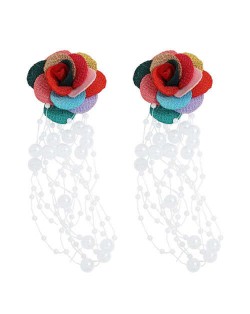 Cloth Flower Pearl Tassel Bohemian Fashion Graceful Women Costume Earrings - Multicolor