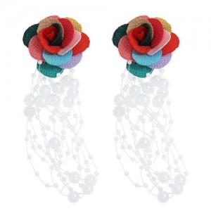 Cloth Flower Pearl Tassel Bohemian Fashion Graceful Women Costume Earrings - Multicolor