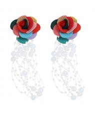 Cloth Flower Pearl Tassel Bohemian Fashion Graceful Women Costume Earrings - Multicolor