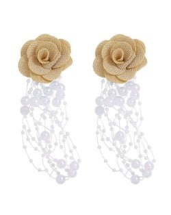 Cloth Flower Pearl Tassel Bohemian Fashion Graceful Women Costume Earrings - Brown