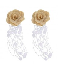 Cloth Flower Pearl Tassel Bohemian Fashion Graceful Women Costume Earrings - Brown