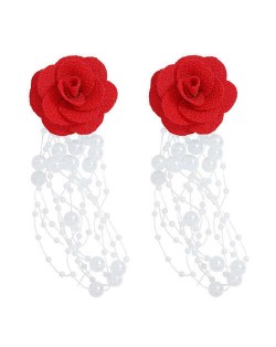 Cloth Flower Pearl Tassel Bohemian Fashion Graceful Women Costume Earrings - Red