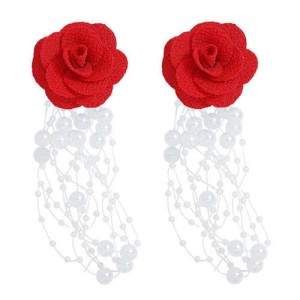 Cloth Flower Pearl Tassel Bohemian Fashion Graceful Women Costume Earrings - Red