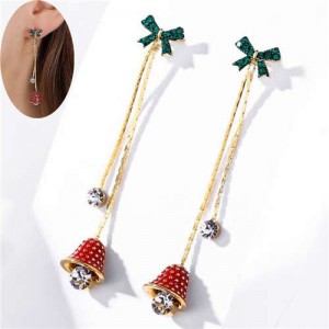 Czech Rhinestone Green Bowknot Decorated Sweet Bell Design Tassel Fashion Women Earrings