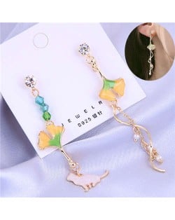 Oil-spot Glazed Leaves Cat and Swirling Design Pendants Asymmetric Tassel Fashion Women Earrings