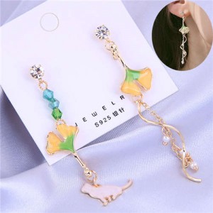 Oil-spot Glazed Leaves Cat and Swirling Design Pendants Asymmetric Tassel Fashion Women Earrings
