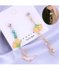 Oil-spot Glazed Leaves Cat and Swirling Design Pendants Asymmetric Tassel Fashion Women Earrings