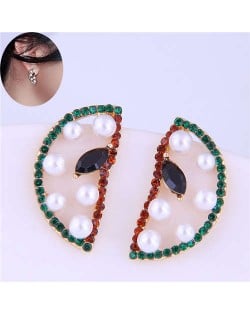 Czech Rhinestone and Pearl Embellished Sweet Watermelon Slice Design Korean Fashion Women Stud Earrings