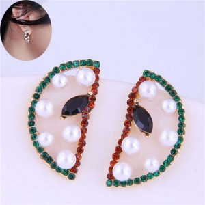 Czech Rhinestone and Pearl Embellished Sweet Watermelon Slice Design Korean Fashion Women Stud Earrings