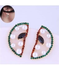 Czech Rhinestone and Pearl Embellished Sweet Watermelon Slice Design Korean Fashion Women Stud Earrings