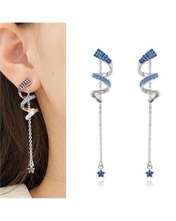 Blue Czech Rhinestone Embellished Swirling Pattern with Flower Tassel Korean Fashion Women Earrings
