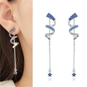 Blue Czech Rhinestone Embellished Swirling Pattern with Flower Tassel Korean Fashion Women Earrings