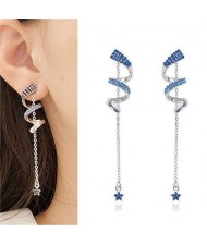 Blue Czech Rhinestone Embellished Swirling Pattern with Flower Tassel Korean Fashion Women Earrings