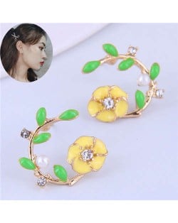 Korean Fashion Enamel Spring Flower Design Alloy Women Costume Earrings - Yellow