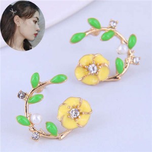 Korean Fashion Enamel Spring Flower Design Alloy Women Costume Earrings - Yellow