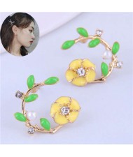 Korean Fashion Enamel Spring Flower Design Alloy Women Costume Earrings - Yellow