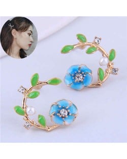 Korean Fashion Enamel Spring Flower Design Alloy Women Costume Earrings - Blue