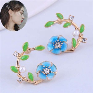 Korean Fashion Enamel Spring Flower Design Alloy Women Costume Earrings - Blue