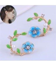 Korean Fashion Enamel Spring Flower Design Alloy Women Costume Earrings - Blue