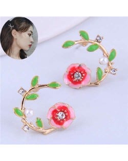 Korean Fashion Enamel Spring Flower Design Alloy Women Costume Earrings - Red