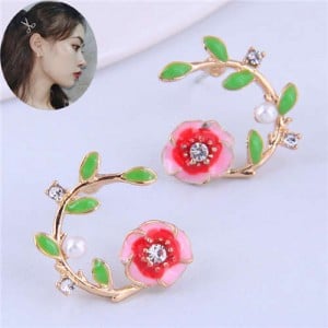 Korean Fashion Enamel Spring Flower Design Alloy Women Costume Earrings - Red