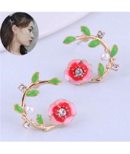Korean Fashion Enamel Spring Flower Design Alloy Women Costume Earrings - Red