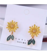 Korean Fashion Enamel Daisy Design Quality Style Women Stud Earrings - Yellow