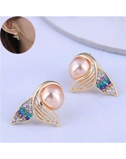 Czech Rhinestone and Pearl Embellished Mermaid Tail Design High Fashion Women Stud Earrings