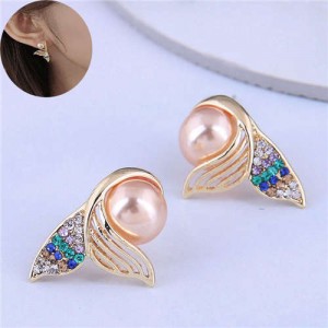 Czech Rhinestone and Pearl Embellished Mermaid Tail Design High Fashion Women Stud Earrings