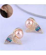 Czech Rhinestone and Pearl Embellished Mermaid Tail Design High Fashion Women Stud Earrings