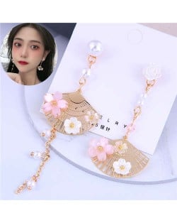 Flower and Pearl Embellished Golden Fan Design Asymmetric Tassel Fashion Women Earrings