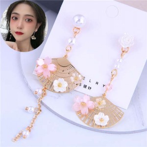 Flower and Pearl Embellished Golden Fan Design Asymmetric Tassel Fashion Women Earrings