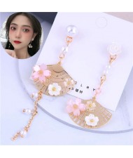 Flower and Pearl Embellished Golden Fan Design Asymmetric Tassel Fashion Women Earrings