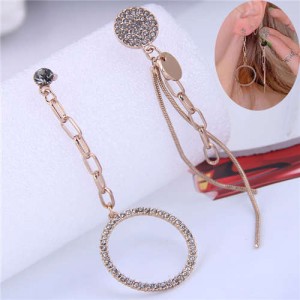 Czech Rhinestone Embellished Hoop and Chain Tassel Asymmetric Alloy Women Fashion Earrings