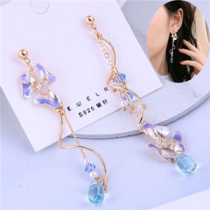 Prosperous Violet Flowers Swirling Pattern Asymmetric Design Women Alloy Earrings