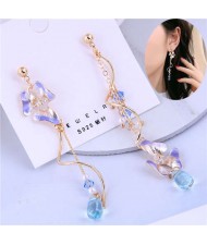 Prosperous Violet Flowers Swirling Pattern Asymmetric Design Women Alloy Earrings