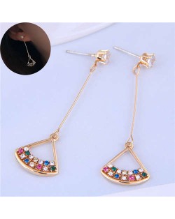 Colorful Czech Rhinestone Inlaid Fan Shape Pendants Golden Tassel Women Earrings