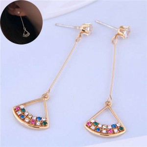 Colorful Czech Rhinestone Inlaid Fan Shape Pendants Golden Tassel Women Earrings