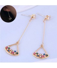 Colorful Czech Rhinestone Inlaid Fan Shape Pendants Golden Tassel Women Earrings
