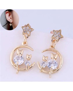 Czech Rhinestone Sweet Cats Golden Hoop Design Korean Fashion Women Alloy Earrings