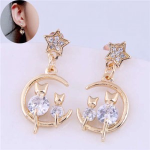 Czech Rhinestone Sweet Cats Golden Hoop Design Korean Fashion Women Alloy Earrings