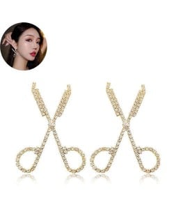 Shining Rhinestone Scissors Design Korean Fashion Women Stud Earrings - Golden