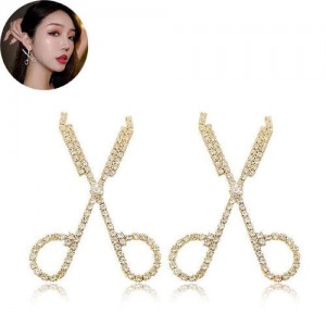 Shining Rhinestone Scissors Design Korean Fashion Women Stud Earrings - Golden