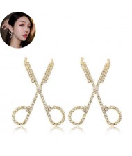 Shining Rhinestone Scissors Design Korean Fashion Women Stud Earrings - Golden