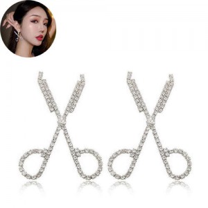 Shining Rhinestone Scissors Design Korean Fashion Women Stud Earrings - Silver